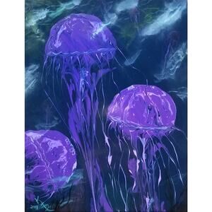Purple Jellyfish 5"x7" Greeting Cards Set of 4 Acid Free Art Print Abstract